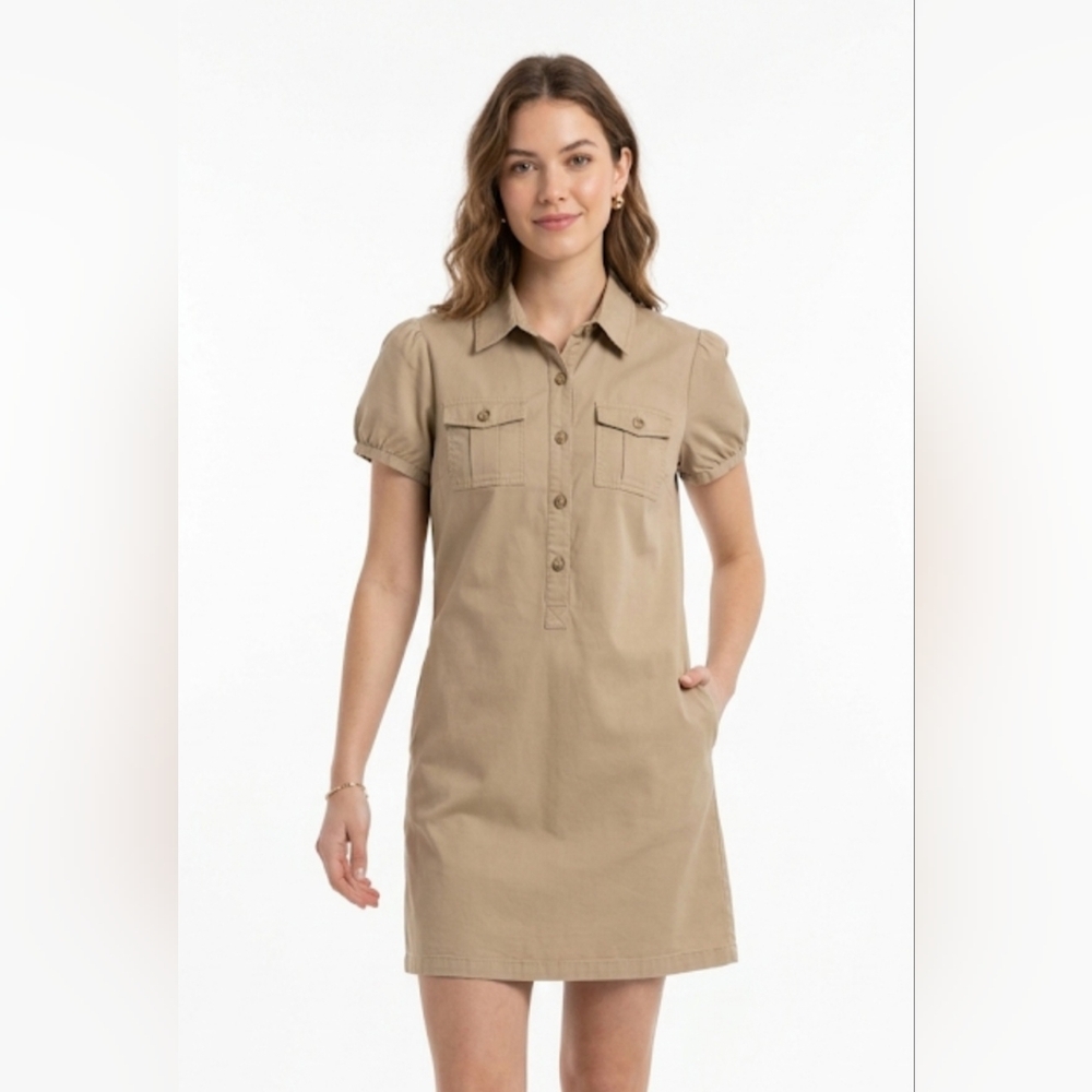 Denver Hayes Vintage Tan Button Up Shirt Dress Safari Utility | size L